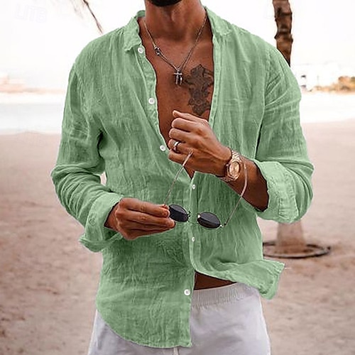  Herren Leinenhemd Freizeithemd Strandhemd Knopfhemd Hemden zum Herausstecken Einfach Urlaub Kreuzfahrt Schwarz Weiß Rosa Marineblau Langarm Revers Frühling & Sommer Bekleidung Basic