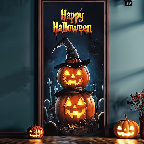  decorazioni per porte di Halloween copriporta di Halloween zucca di Jack O' Lantern arazzo per porta del castello tenda per porta decorazione sfondo striscione per porta per porta d'ingresso fattoria