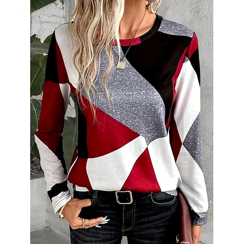  Camiseta de mujer con estampado casual, manga larga, cuello redondo, para uso diario, color vino, marrón, verde, gris, primavera y otoño
