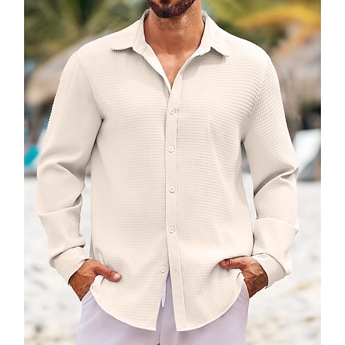 Per uomo Camicia Camicia a cialda Camicia con bottoni Maglietta informale Nero Bianco Blu Kaki Manica lunga Liscio Colletto Giornaliero Da mare Abbigliamento Di tendenza Informale
