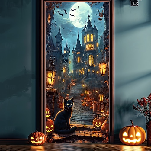  decorazioni per porte di Halloween copriporta di Halloween arazzo per porta con zucca e corvo, tenda per porta con sfondo decorativo, striscione per porta d'ingresso, decorazioni per feste in