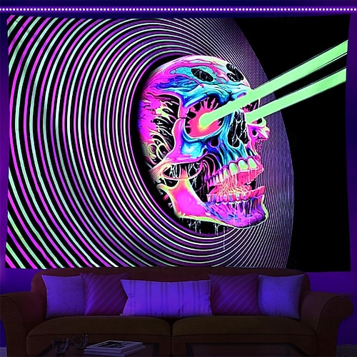  tapeçaria de luz negra uv reativa brilha no escuro caveiras brilhantes festa psicodélica psicodélica alucinante tapeçaria pendurada arte de parede mural para sala de estar quarto