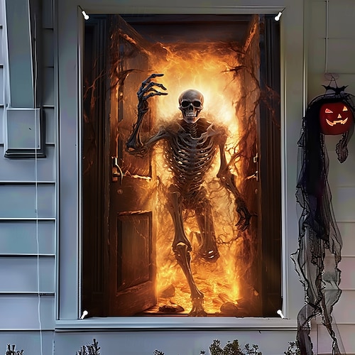  halloween vindusdekorasjoner, stoff skallen ut av brann halloween gardin plakat vindusdør som dekker dekor for hjemsøkt hus, skummelt halloween vindu klinger dekaler innendørs utendørs