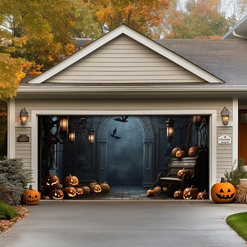 decorazioni per porte di Halloween, copertura per porta da garage di Halloween, striscione per esterni con zucca, porta vintage spaventosa, grande fondale, decorazione per le vacanze, porta da garage