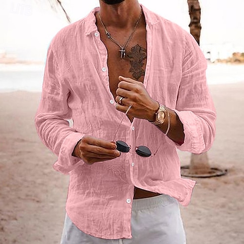  Herren Leinenhemd Freizeithemd Strandhemd Knopfhemd Hemden zum Herausstecken Einfach Urlaub Kreuzfahrt Schwarz Weiß Rosa Marineblau Langarm Revers Frühling & Sommer Bekleidung Basic