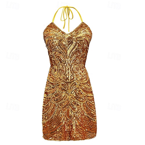 Roaring 20s 1920s Mini Short Length Flapper Dress Cocktail Dress Flapper  Headband Sleeveless Cosplay The Great Gatsby Wedding Guest Sequins Sequin V  Neck Halter Neck Fancy Dress Women's Evening Party 2026 -