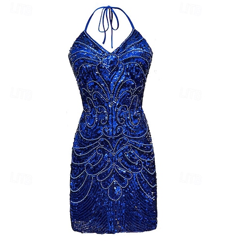 1920s halter dress Roaring 20s Mini Short Length Flapper Cocktail Dress Flapper Headband Sleeveless Cosplay The Great Gatsby Wedding Guest Sequins Sequin V Neck Neck Fancy Dress Women's Evening Party 2026 Size:12