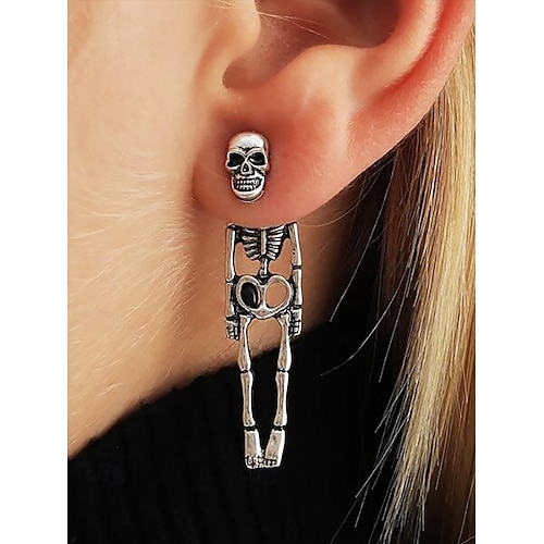 orecchini pendenti a forma di teschio e scheletro di Halloween - stile gotico, materiale in lega, gioielli spettrali per feste di Halloween e cosplay