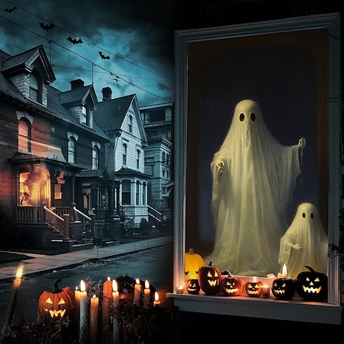  halloween fönsterskyddsdekorationer, tyg söta spökljus halloweengardin skräckfilmaffisch fönsterdörrtäckningsdekor för spökhus, läskiga halloweenfönster klamrar dekaler inomhus utomhus