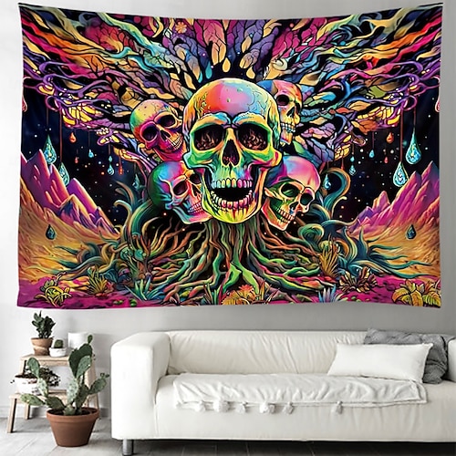  tapeçaria de luz negra uv reativa brilha no escuro caveiras brilhantes festa psicodélica psicodélica alucinante tapeçaria pendurada arte de parede mural para sala de estar quarto