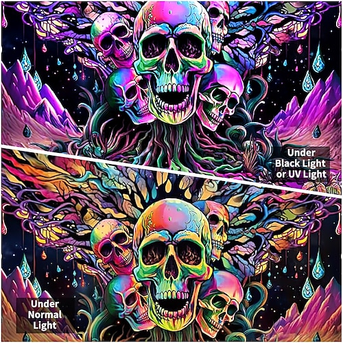  tapeçaria de luz negra uv reativa brilha no escuro caveiras brilhantes festa psicodélica psicodélica alucinante tapeçaria pendurada arte de parede mural para sala de estar quarto