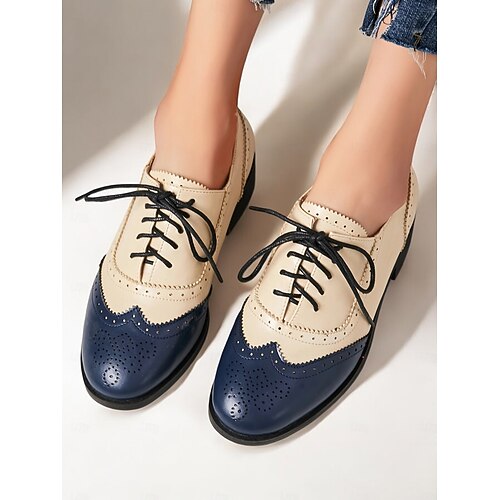 Chaussures Oxford Pour Femmes - Style Vintage Brogue, Bout Rond, Talon Bloc Bas - Cuir PU, Lacets - Noir, Marron, Beige