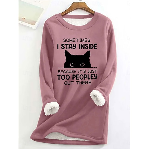 Sudadera para mujer, con forro polar, con letras de gato, informal, de calle, de peluche, cómoda, con cuello redondo, manga larga, microelástica, para otoño&amp;Tejido suave, transpirable y cómodo