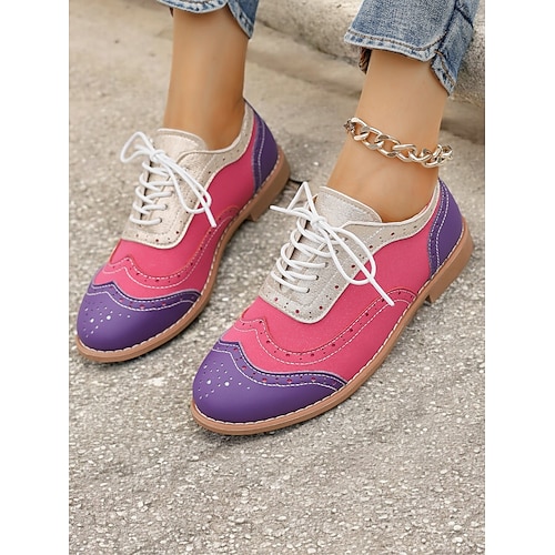  scarpe oxford multicolor da donna, design retrò a punta con pannelli verdi, rosa e viola, brogue casual con lacci per la moda e l'uso quotidiano