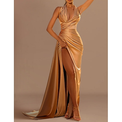 Robe de soirée sirène à la plage robe sexy invitée de mariage formelle traîne courte sans manches col halter satin avec fente froncée robe de masquerade