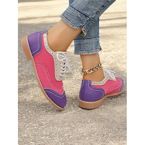  scarpe oxford multicolor da donna, design retrò a punta con pannelli verdi, rosa e viola, brogue casual con lacci per la moda e l'uso quotidiano