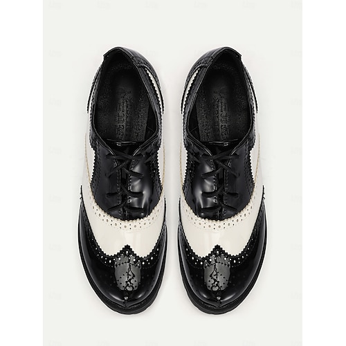  sapatos oxford brogue preto e branco femininos – cadarço de couro sintético envernizado, sola grossa, estilo vintage para uso formal e casual