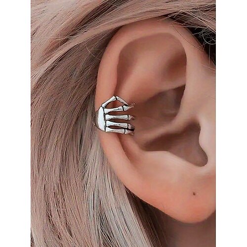 Silberner Ohrclip mit Skeletthand – Ohrclips im Gothic-Punk-Halloween-Stil für Damen und Herren