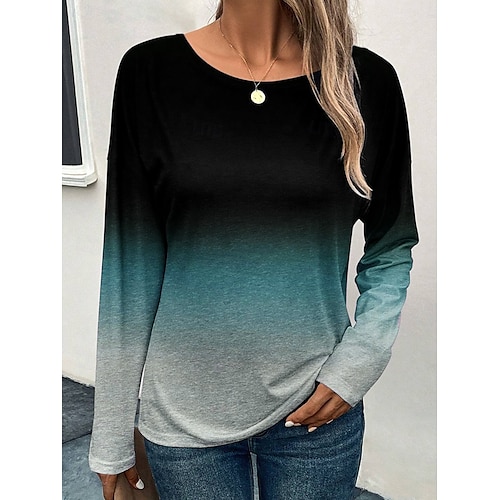  Dames T-shirt Kleurgradatie Modieus Casual Lange mouw Ronde hals Normale tops Dagelijks Weekend Afdrukken Rood blauw Paars Grijs Lente & Herfst
