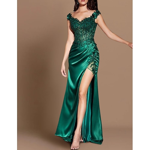 Abito da sera sirena con paillettes sexy abito formale lungo senza maniche scollo a V charmeuse con spacco applicazioni