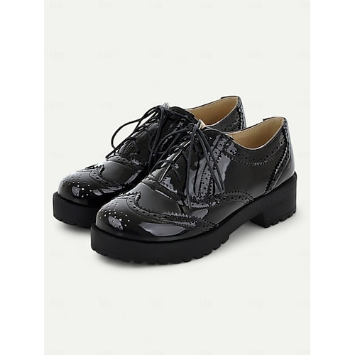  sapatos oxford brogue preto e branco femininos – cadarço de couro sintético envernizado, sola grossa, estilo vintage para uso formal e casual