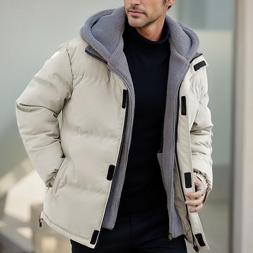 Herr Vinterjacka Pufferjacka Fleece-jacka Vadderad 2 i 1 falska två stycken Polyester Hätta Ficka Utomhus Datum Ledigt / vardag Normal Mode Ledigt Håller värmen Vindtät Vinter Slät Mörkgrå Svart Beige