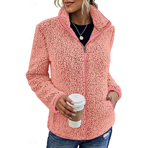 moletom feminino com zíper jaqueta de lã vintage teddy sherpa lã lã cor sólida dia dos namorados rua casual decote em v bolso com zíper manga comprida rosa azul verde cinza outono&amp; inverno