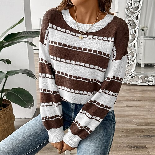 Damen Pullover Brautkleider schlicht Graphic Gestreift Rundhalsausschnitt Strick Langarm Normale Oberteile Stricken Heim Arbeit Täglich Schwarz Braun Herbst Winter