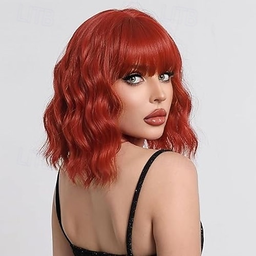 Short Wavy Wig with Bangs for Women Curly Synthetic Hair Daily Party Cosplay Wig with Bangs Short Wavy Wigs for Women Shoulder Length  main image 4