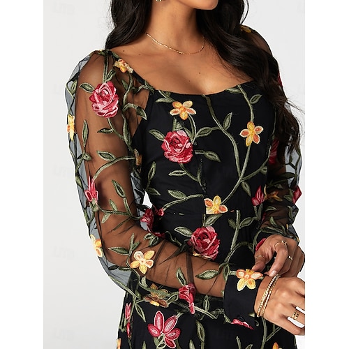  Damen schwarzes kleid Maxidress Rüsche Bestickt Elegant Quadratischer Ausschnitt Langarm Schwarz Farbe