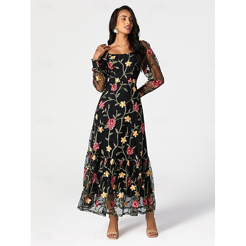  Damen schwarzes kleid Maxidress Rüsche Bestickt Elegant Quadratischer Ausschnitt Langarm Schwarz Farbe