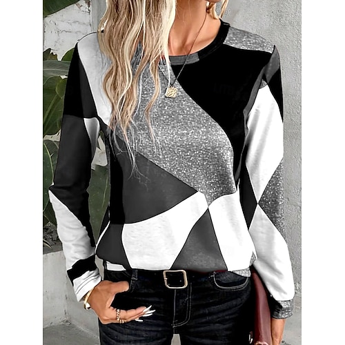  Camiseta de mujer con estampado casual, manga larga, cuello redondo, para uso diario, color vino, marrón, verde, gris, primavera y otoño