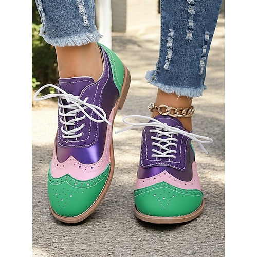  scarpe oxford multicolor da donna, design retrò a punta con pannelli verdi, rosa e viola, brogue casual con lacci per la moda e l'uso quotidiano