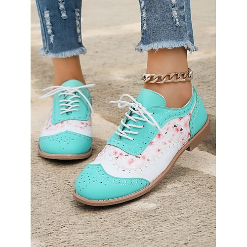  scarpe oxford multicolor da donna, design retrò a punta con pannelli verdi, rosa e viola, brogue casual con lacci per la moda e l'uso quotidiano