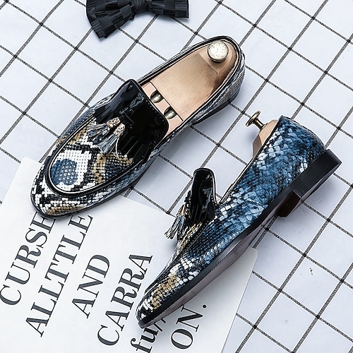 Men's Blue Snakeskin Print Loafers with Tassel and Patent