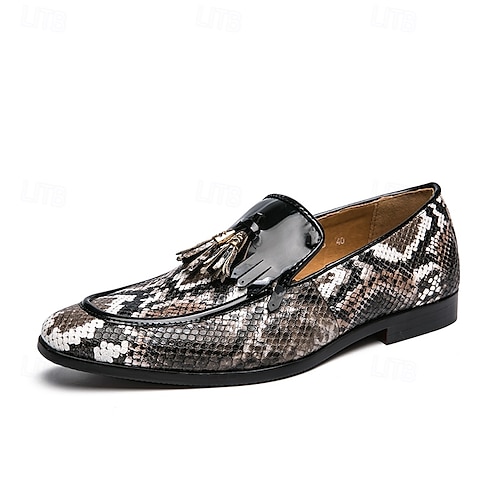 Men's Blue Snakeskin Print Loafers with Tassel and Patent