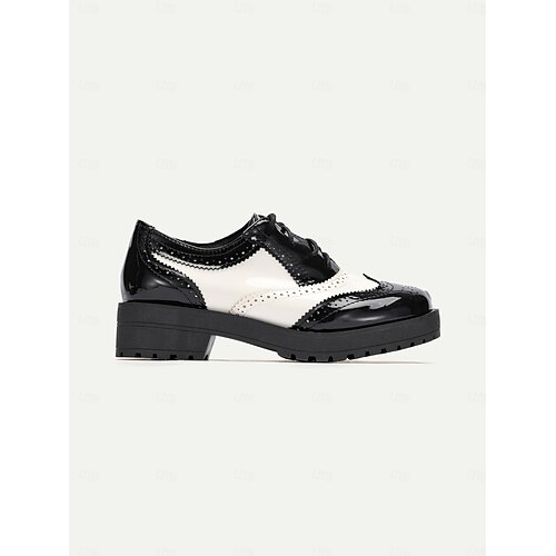 sapatos oxford brogue preto e branco femininos – cadarço de couro sintético envernizado, sola grossa, estilo vintage para uso formal e casual