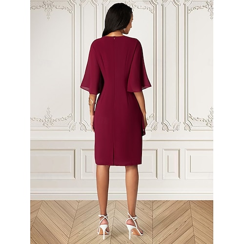  vestido midi feminino bordô com sobreposição de lantejoulas assimétricas decote redondo detalhe em v comprimento três quartos mangas divididas não elásticas elegante coquetel noite comprimento do