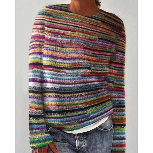 Femme Pull Chandail Mode Vêtement de rue Rayé Imprime Col Ras du Cou Tricoté manche longue Hauts réguliers Tricoter Sortie Arc-en-ciel Automne Hiver