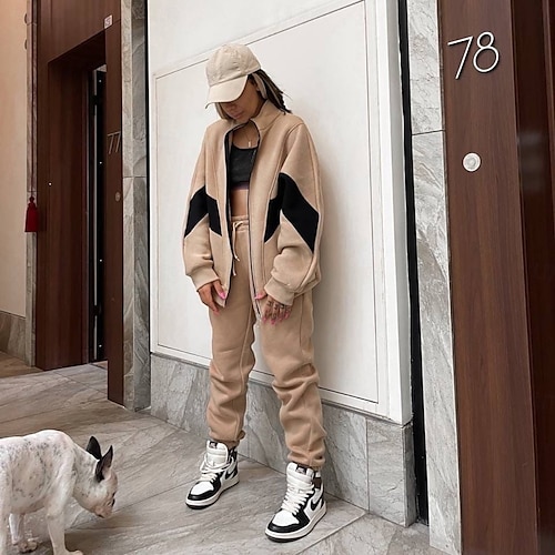 Mujer Cálido Sudadera Sherpa Pantalones de lana Manga Larga Cuello Alto Bloque de color Cremallera Exterior Blanco Marrón claro Primavera De Gran Tamaño