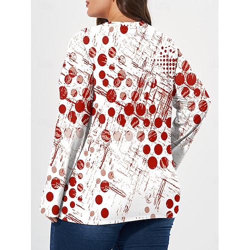  T-shirt à manches longues et col ras du cou pour femme, haut grande taille, imprimé géométrique, décontracté, quotidien, automne, hiver, rouge