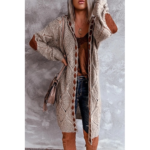 Damen Strickjacke Vintage Strassenmode Täglich Geometrisch Gedrehtes Mit Kapuze mit Schnürung Langarm Lange Oberteile Stricken Arbeit Festtage Ausgehen Khaki Herbst Winter