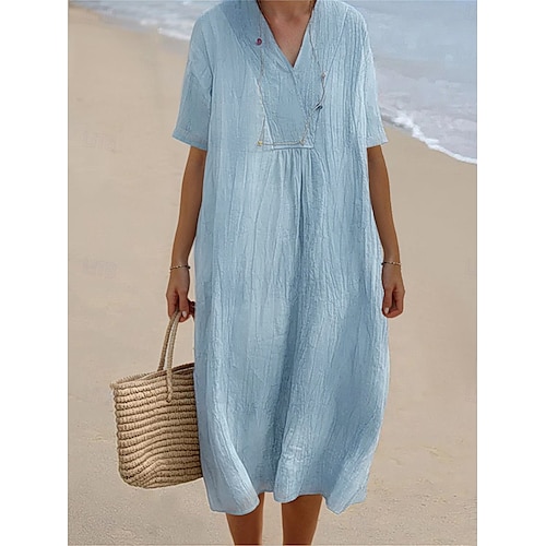 Vestido midi de mujer con escote en V, textura arrugada, azul claro, manga corta, ropa de playa informal, corte holgado, ropa de verano transpirable