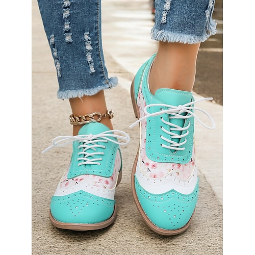  scarpe oxford multicolor da donna, design retrò a punta con pannelli verdi, rosa e viola, brogue casual con lacci per la moda e l'uso quotidiano
