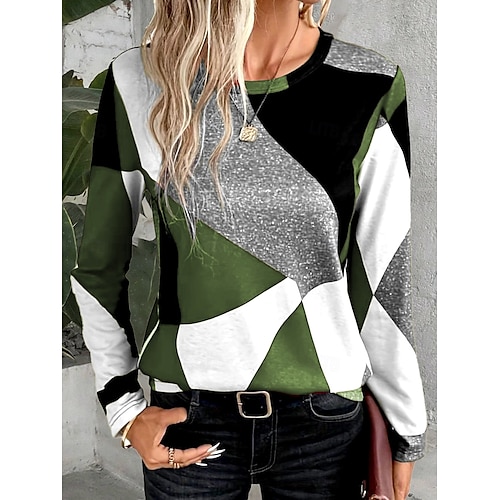  Camiseta de mujer con estampado casual, manga larga, cuello redondo, para uso diario, color vino, marrón, verde, gris, primavera y otoño