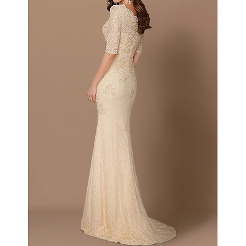 Robe de Mère de la Mariée Sirène Invité de mariage Grande Taille Sexy Col en V Train d'effleurement  Train de brossage Chiffon Dentelle Manches demi avec Appliqués en Dentelle taille sur mesure