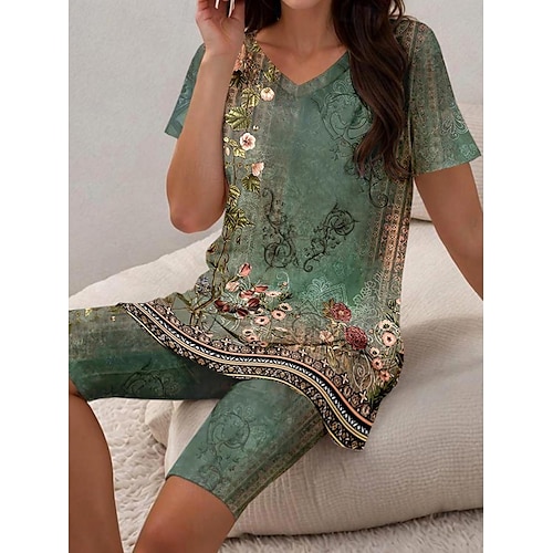 kvinners tunika topp v-hals blomster paisley print asymmetrisk fald uformell bohem kortermet vår sommer allsidige klær klær