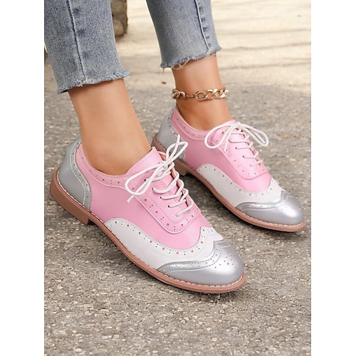  scarpe oxford multicolor da donna, design retrò a punta con pannelli verdi, rosa e viola, brogue casual con lacci per la moda e l'uso quotidiano