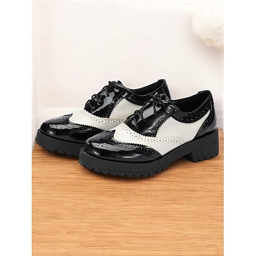  sapatos oxford brogue preto e branco femininos – cadarço de couro sintético envernizado, sola grossa, estilo vintage para uso formal e casual