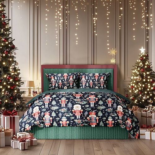 Sleepdown Weihnachts-Bettwäsche Mit Nussknacker-Muster – Wendbar, Grün-weiß, Für Doppelbett